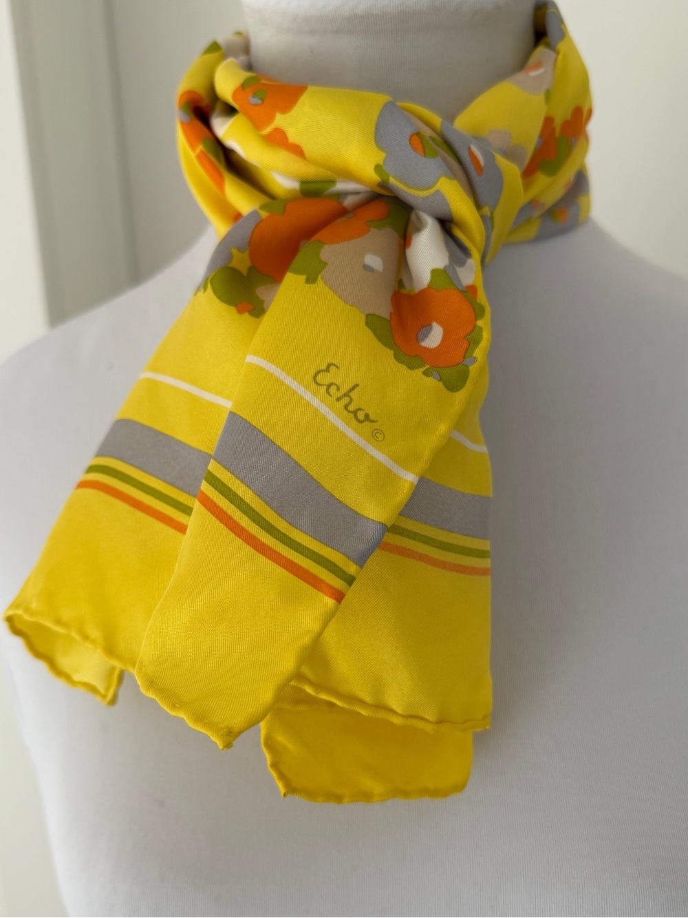 ECHO Signed Oblong Scarf Vibrant Abstract Floral Hand Rolled Hem Summer Foulard